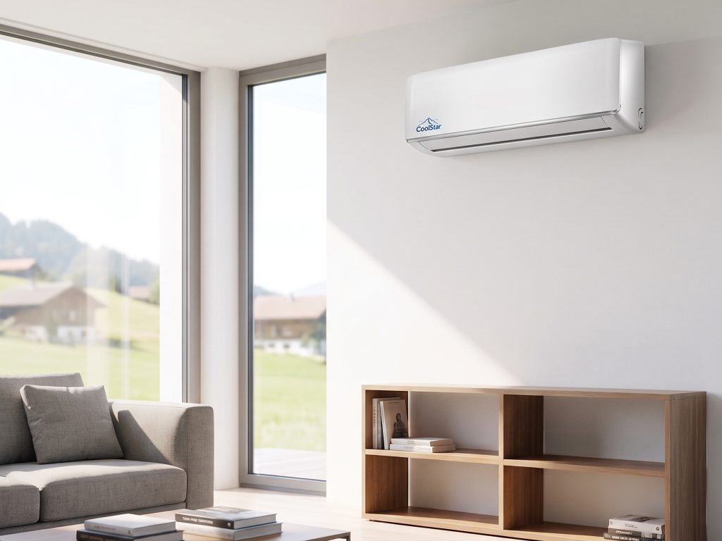 Ein modernes Split-Klimagerät, sauber installiert an der Wand eines Wohnzimmers in der Schweiz. Perfekt für alle, die eine leise Klimaanlage kaufen möchten.